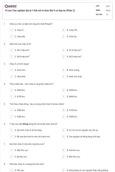 15 câu Trắc nghiệm Địa lý 7 Kết nối tri thức Bài 5 có đáp án (Phần 2)