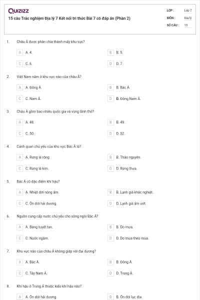 15 câu Trắc nghiệm Địa lý 7 Kết nối tri thức Bài 7 có đáp án (Phần 2)