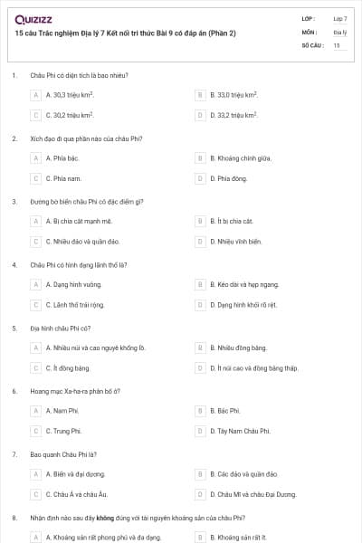 15 câu Trắc nghiệm Địa lý 7 Kết nối tri thức Bài 9 có đáp án (Phần 2)