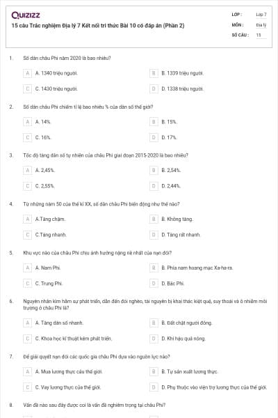 15 câu Trắc nghiệm Địa lý 7 Kết nối tri thức Bài 10 có đáp án (Phần 2)
