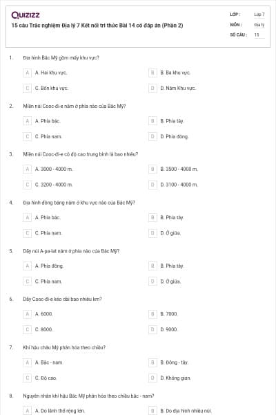 15 câu Trắc nghiệm Địa lý 7 Kết nối tri thức Bài 14 có đáp án (Phần 2)