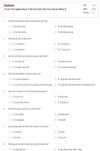 15 câu Trắc nghiệm Địa lý 7 Kết nối tri thức Bài 18 có đáp án (Phần 2)