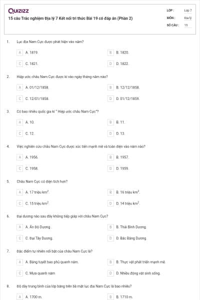 15 câu Trắc nghiệm Địa lý 7 Kết nối tri thức Bài 19 có đáp án (Phần 2)
