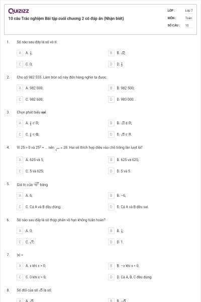 10 câu Trắc nghiệm Bài tập cuối chương 2 có đáp án (Nhận biết)