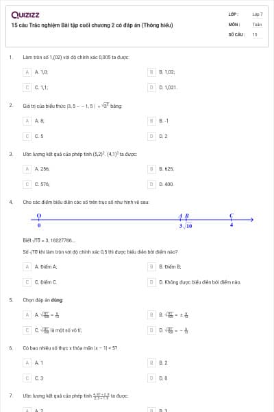 15 câu Trắc nghiệm Bài tập cuối chương 2 có đáp án (Thông hiểu)