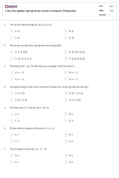 7 câu Trắc nghiệm Tập hợp ℚ các số hữu tỉ có đáp án (Thông hiểu)