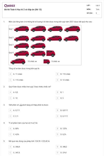 Đề thi Toán 6 Học kì 2 có đáp án (Đề 13)