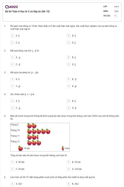Đề thi Toán 6 Học kì 2 có đáp án (Đề 15)
