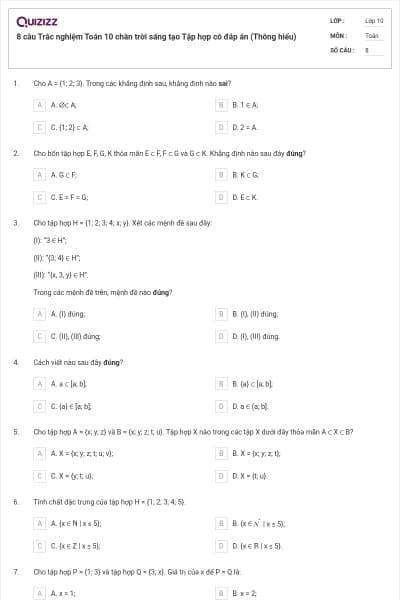 8 câu  Trắc nghiệm Toán 10 chân trời sáng tạo Tập hợp có đáp án (Thông hiểu)