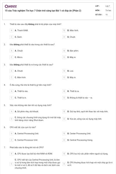 15 câu Trắc nghiệm Tin học 7 Chân trời sáng tạo Bài 1 có đáp án (Phần 2)