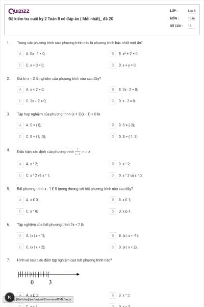 Đề kiểm tra cuối kỳ 2 Toán 8 có đáp án ( Mới nhất)_ đề  20