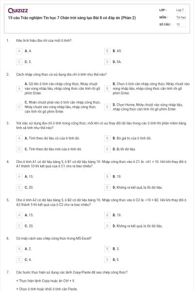 15 câu Trắc nghiệm Tin học 7 Chân trời sáng tạo Bài 8 có đáp án (Phần 2)