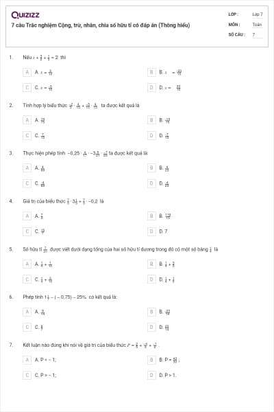 7 câu Trắc nghiệm Cộng, trừ, nhân, chia số hữu tỉ có đáp án (Thông hiểu)