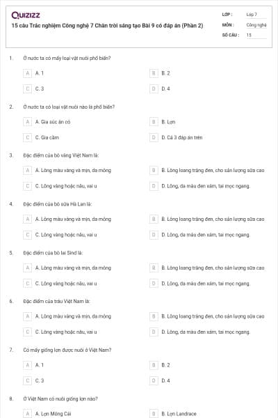 15 câu Trắc nghiệm Công nghệ 7 Chân trời sáng tạo Bài 9 có đáp án (Phần 2)