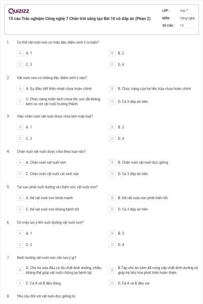 15 câu Trắc nghiệm Công nghệ 7 Chân trời sáng tạo Bài 10 có đáp án (Phần 2)