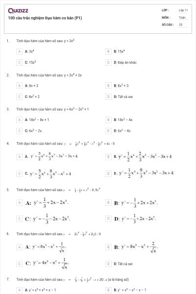 100 câu trắc nghiệm Đạo hàm cơ bản (P1)