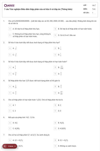 7 câu Trắc nghiệm Biểu diễn thập phân của số hữu tỉ có đáp án (Thông hiểu)