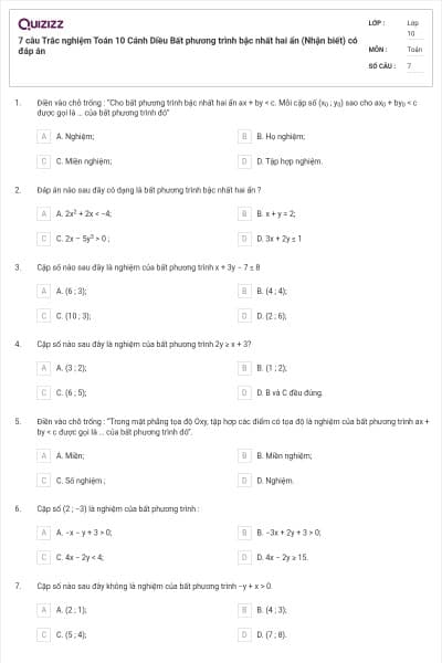 7 câu Trắc nghiệm Toán 10 Cánh Diều Bất phương trình bậc nhất hai ẩn (Nhận biết) có đáp án