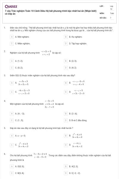 7 câu Trắc nghiệm Toán 10 Cánh Diều Hệ bất phương trình bậc nhất hai ẩn (Nhận biết) có đáp án