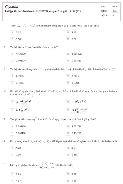 Bài tập Nhị thức Newton ôn thi THPT Quốc gia có lời giải chi tiết (P1)