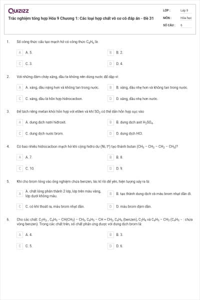 Trắc nghiệm tổng hợp Hóa 9 Chương 1: Các loại hợp chất vô cơ có đáp án - Đề 31