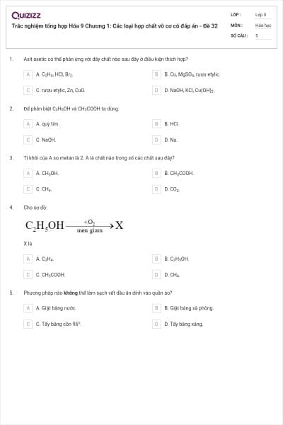 Trắc nghiệm tổng hợp Hóa 9 Chương 1: Các loại hợp chất vô cơ có đáp án - Đề 32