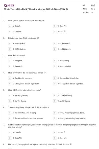 15 câu Trắc nghiệm Địa lý 7 Chân trời sáng tạo Bài 5 có đáp án (Phần 2)