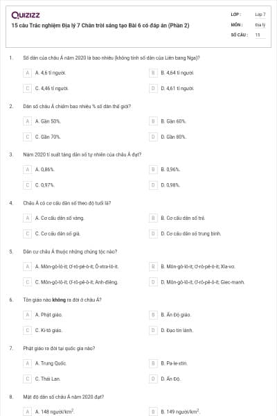 15 câu Trắc nghiệm Địa lý 7 Chân trời sáng tạo Bài 6 có đáp án (Phần 2)