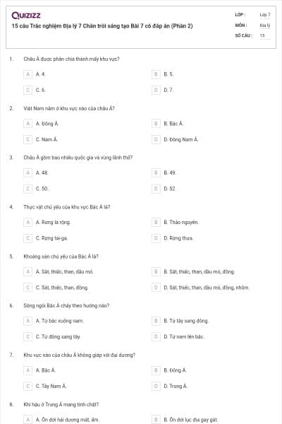 15 câu Trắc nghiệm Địa lý 7 Chân trời sáng tạo Bài 7 có đáp án (Phần 2)