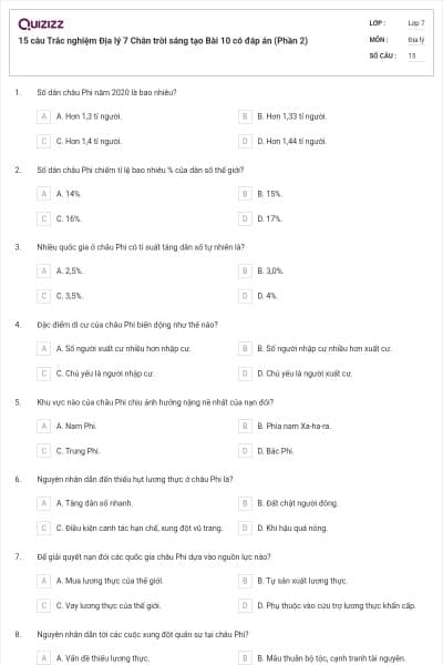 15 câu Trắc nghiệm Địa lý 7 Chân trời sáng tạo Bài 10 có đáp án (Phần 2)