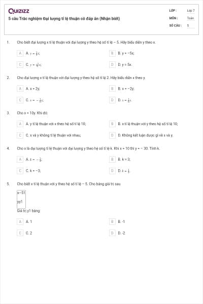 5 câu Trắc nghiệm Đại lượng tỉ lệ thuận có đáp án (Nhận biết)