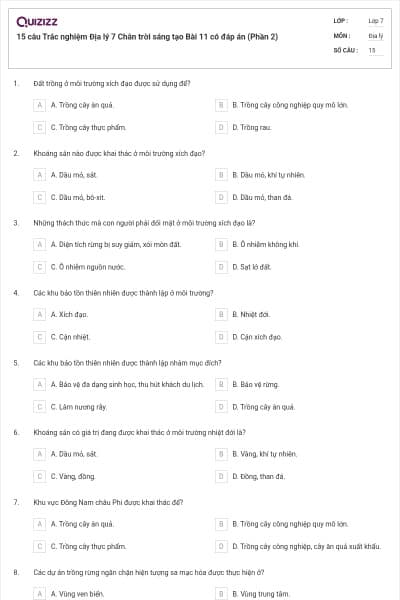 15 câu Trắc nghiệm Địa lý 7 Chân trời sáng tạo Bài 11 có đáp án (Phần 2)