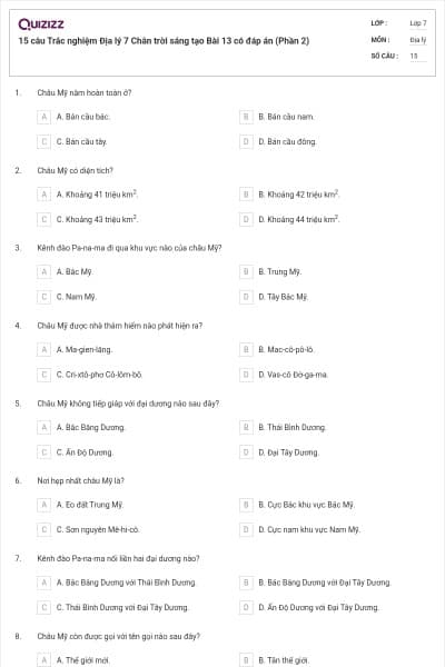 15 câu Trắc nghiệm Địa lý 7 Chân trời sáng tạo Bài 13 có đáp án (Phần 2)