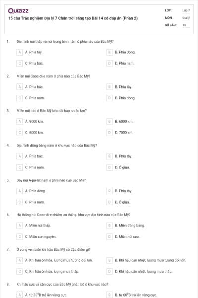 15 câu Trắc nghiệm Địa lý 7 Chân trời sáng tạo Bài 14 có đáp án (Phần 2)