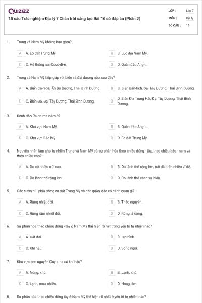 15 câu Trắc nghiệm Địa lý 7 Chân trời sáng tạo Bài 16 có đáp án (Phần 2)