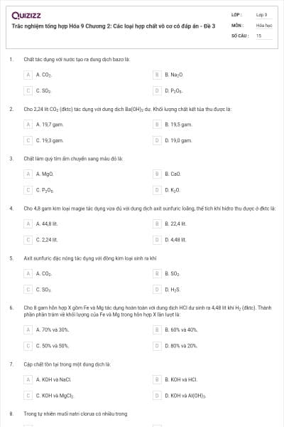 Trắc nghiệm tổng hợp Hóa 9 Chương 2: Các loại hợp chất vô cơ có đáp án - Đề 3