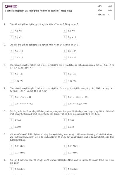 7 câu Trắc nghiệm Đại lượng tỉ lệ nghịch có đáp án (Thông hiểu)