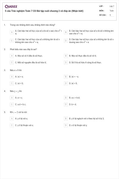 5 câu Trắc nghiệm Toán 7 CD Bài tập cuối chương 2 có đáp án (Nhận biết)