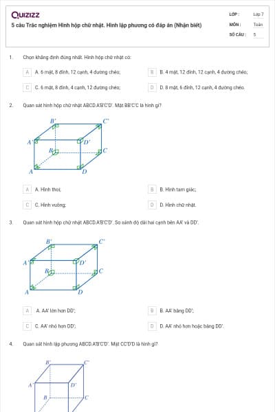 5 câu Trắc nghiệm Hình hộp chữ nhật. Hình lập phương có đáp án (Nhận biết)