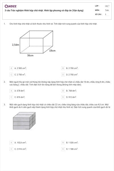 3 câu Trắc nghiệm Hình hộp chữ nhật. Hình lập phương có đáp án (Vận dụng)