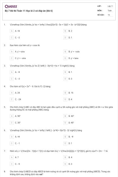 Bộ 7 Đề thi Toán 11 Học kì 2 có đáp án (Đề 6)