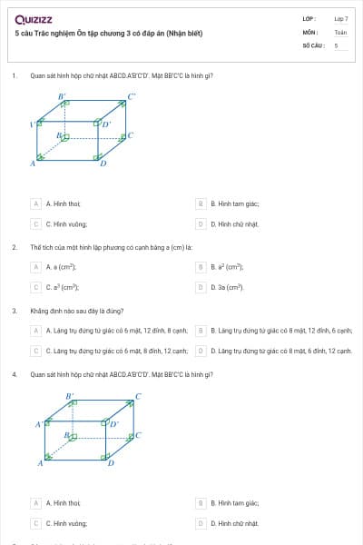 5 câu Trắc nghiệm Ôn tập chương 3 có đáp án (Nhận biết)