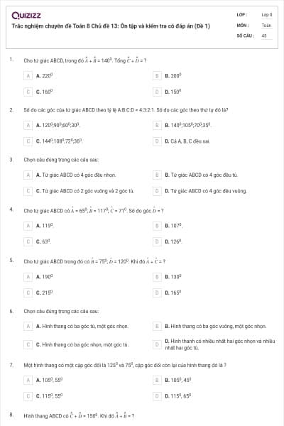 Trắc nghiệm chuyên đề Toán 8 Chủ đề 13: Ôn tập và kiểm tra có đáp án (Đề 1)