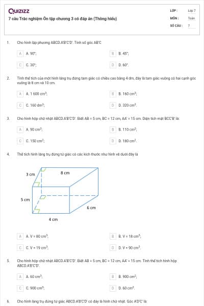 7 câu Trắc nghiệm Ôn tập chương 3 có đáp án (Thông hiểu)