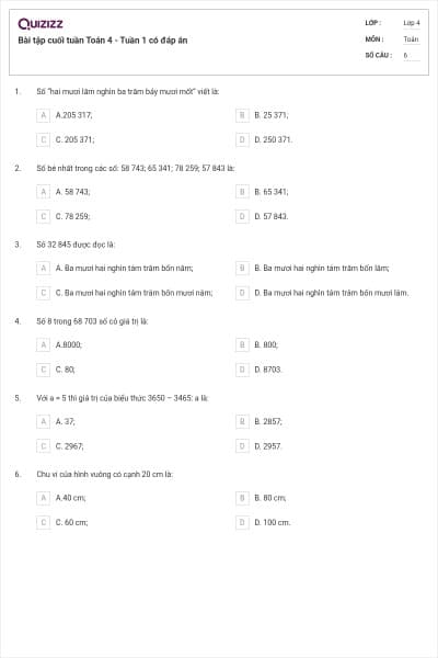 Bài tập cuối tuần Toán 4 - Tuần 1 có đáp án