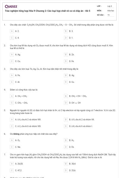 Trắc nghiệm tổng hợp Hóa 9 Chương 2: Các loại hợp chất vô cơ có đáp án - Đề 5
