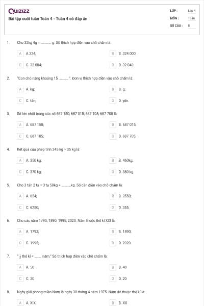 Bài tập cuối tuần Toán 4 - Tuần 4 có đáp án