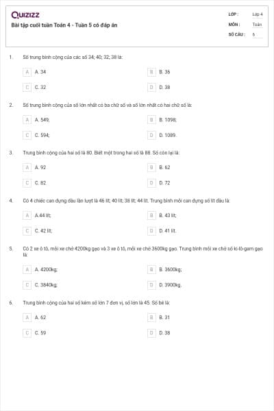 Bài tập cuối tuần Toán 4 - Tuần 5 có đáp án