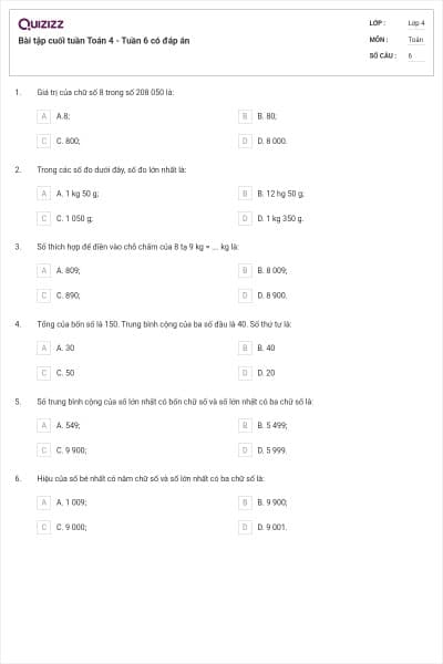 Bài tập cuối tuần Toán 4 - Tuần 6 có đáp án