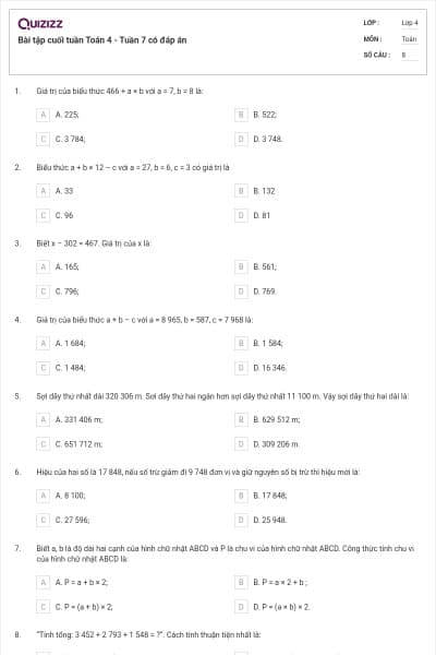 Bài tập cuối tuần Toán 4 - Tuần 7 có đáp án
